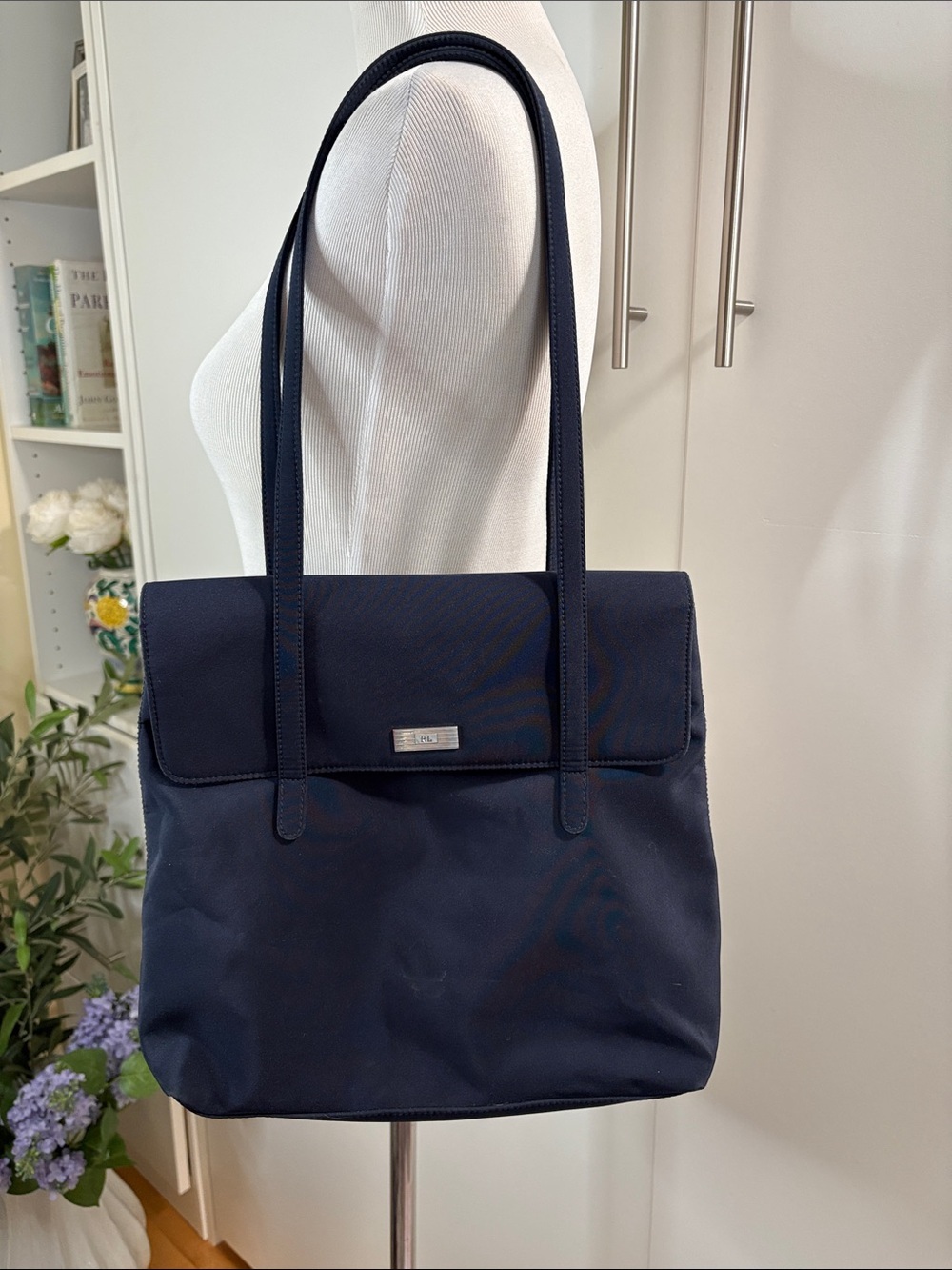 Ralph Lauren Navy Nylon Shoulder Tote with Front Flap